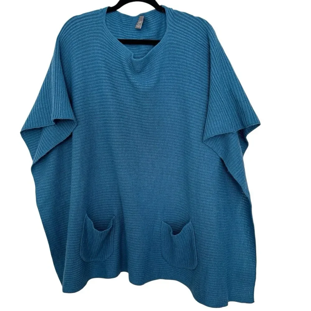 J Jill One Size -Fits Most- Wool Blend Knit Poncho Sweater Front Pockets Blue